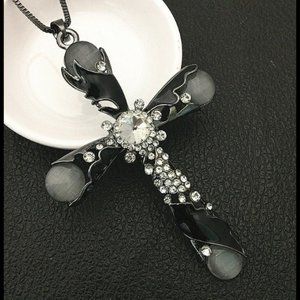 Betsey Johnson Statement Faux Pearl and Rhinestone Cross Pendant Necklace